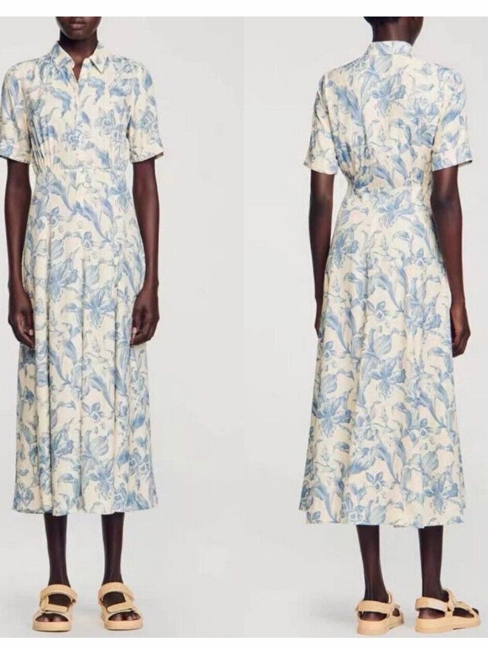 Sandro Cream and Light Blue Floral Midi Shirt Dress